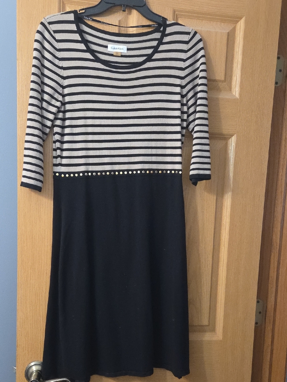 Calvin Klein Black and Cream Striped Knit Fit-and-Flare Dress